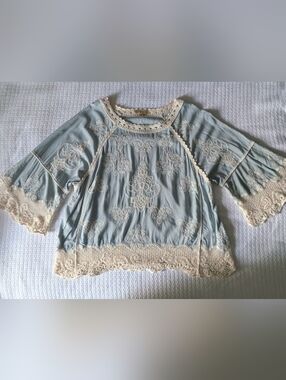 Democracy Light Blue Blouse with Cream Lace Trim